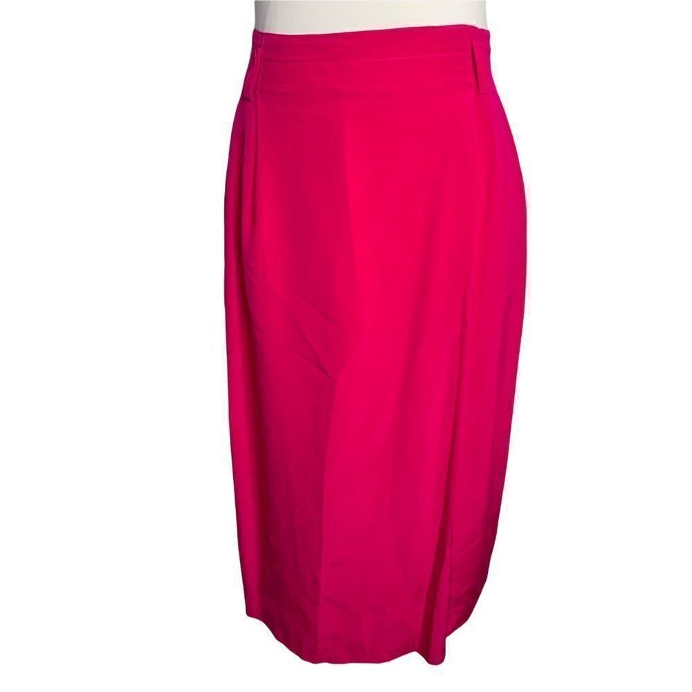 Vintage Ellen Tracy A Line Midi Skirt 8 Fuchsia Silk Pleated Front Belt Loop Zip